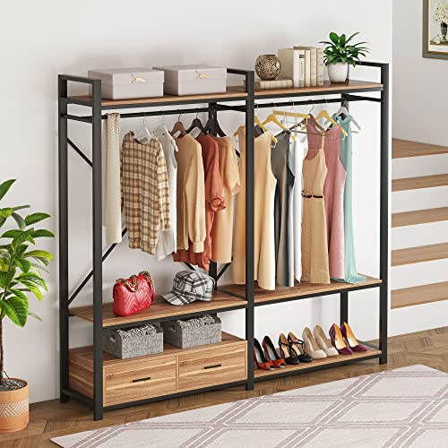 Tribesigns Freestanding Wood Garment Racks, Clothing Rack with Shelves and Drawers, Heavy Duty Metal Clothing Rack, Closet Organizer for Bedroom Walk-in Wardrobe