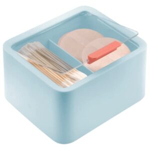 homequip bathroom organizer cotton pad & q tip storage with lid – aqua qtip dispenser box with 2 sections for cotton swab balls, makeup sponge, tooth pick, hair accessories & much more