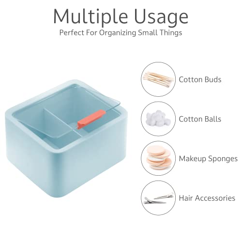 HOMEQUIP bathroom Organizer Cotton Pad & Q Tip Storage with Lid – Aqua Qtip Dispenser Box with 2 Sections for Cotton Swab Balls, Makeup Sponge, Tooth Pick, Hair Accessories & Much More