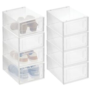 mdesign stackable plastic closet storage box with side opening panel- for organizing men's and women's shoes, booties, pumps, sandals, wedges, flats, heels, and accessories, 8 pack - white/clear