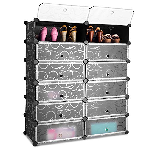 Tangkula 12-Cube Shoe Rack Organizer, DIY Cubes Storage Cabinet, Modular Plastic Shoes Cabinet with Transparent Doors, 6-Tier Portable Shoe Tower Shelf Storage Stand for 24 Pairs Shoes, Slippers