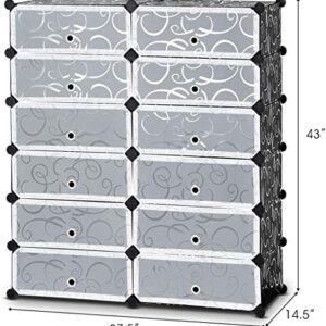 Tangkula 12-Cube Shoe Rack Organizer, DIY Cubes Storage Cabinet, Modular Plastic Shoes Cabinet with Transparent Doors, 6-Tier Portable Shoe Tower Shelf Storage Stand for 24 Pairs Shoes, Slippers