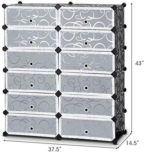 Tangkula 12-Cube Shoe Rack Organizer, DIY Cubes Storage Cabinet, Modular Plastic Shoes Cabinet with Transparent Doors, 6-Tier Portable Shoe Tower Shelf Storage Stand for 24 Pairs Shoes, Slippers