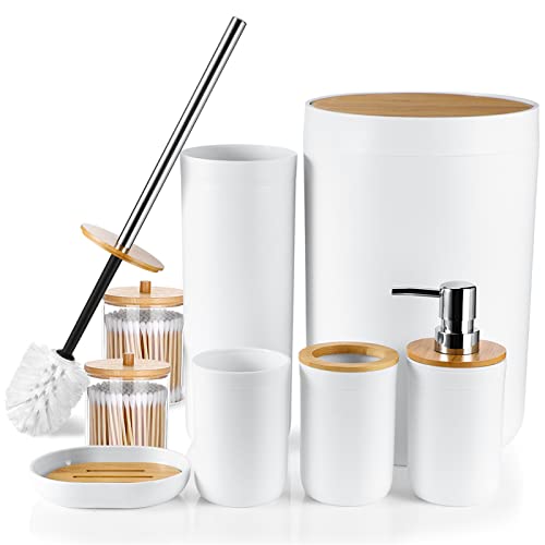 OTOSTAR Bathroom Accessories Set 8-Piece Bamboo Gift Set Bathroom Accessory Set with Trash Can 2 Qtip Holder Jars Soap Dispenser Toothbrush Holder Tumbler Cup Soap Dish Toilet Brush Holder (White)