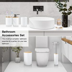 OTOSTAR Bathroom Accessories Set 8-Piece Bamboo Gift Set Bathroom Accessory Set with Trash Can 2 Qtip Holder Jars Soap Dispenser Toothbrush Holder Tumbler Cup Soap Dish Toilet Brush Holder (White)