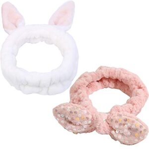 happydaily lovely supersoft shower hair band - ideal hairlace headband for washing face or makeup (2, white rabbit+shiny pink)