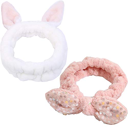 HappyDaily Lovely Supersoft Shower Hair Band - Ideal Hairlace Headband for Washing Face or Makeup (2, White Rabbit+Shiny Pink)