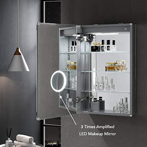 Blossom Recessed or Surface LED Lighted Mirror Medicine Cabinet with Lights, LED Medicine Cabinet w/Defogger, Dimmer, 3X Makeup Mirror, Outlets & USB (24x32/Left Hinge/Zoom Mirror)