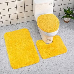 3PCS Bathroom Rugs Sets, Solid Color Bathroom Toilet Floor Mat Toilet Lid Cover Rugs Toilet Carpet Anti-Slip Mat Super Absorbent Plush Bathroom Carpets Mats for Bathroom (Yellow)