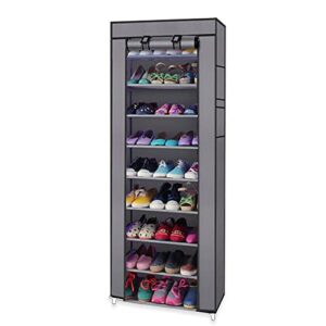 bnsply 10-tier non-woven fabric shoe rack, large shoe shelf with dustproof cover, 2 side pockets shoe storage cabinet organizer for closets, bedrooms, garages, grey