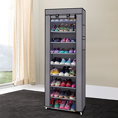 BNSPLY 10-Tier Non-Woven Fabric Shoe Rack, Large Shoe Shelf with Dustproof Cover, 2 side pockets Shoe Storage Cabinet Organizer for Closets, Bedrooms, Garages, Grey