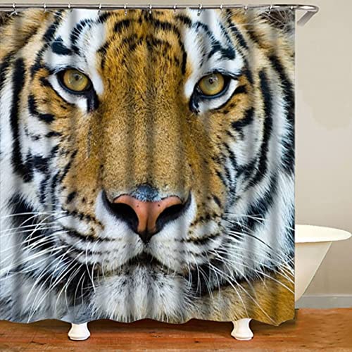 Tiger Shower Curtain 3D Printed, Animals 4Pcs Bathroom Decor Set, with Non-Slip Rug, Toilet Lid Cover and Bath Mat, Durable Waterproof Bath Curtain with 12 Hooks-59" X 72"