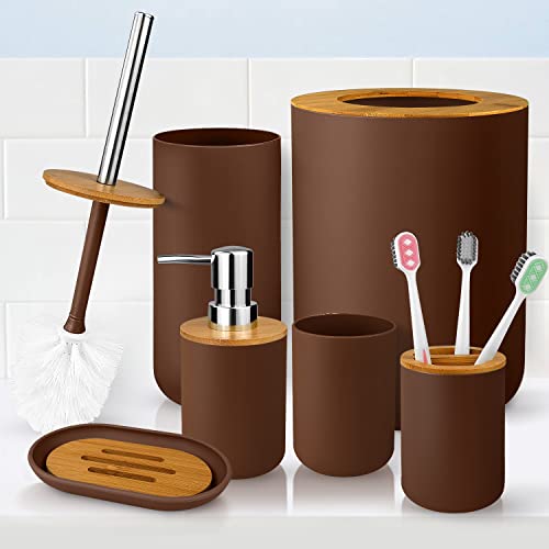 7 Pcs Bamboo and Plastic Bathroom Accessories Sets, Includes Toothbrush Cup, Toothbrush Holder, Soap Dispenser, Soap Dish, Toilet Brush with Holder, Trash Can, with 3 Pcs Toothbrushes (Brown)