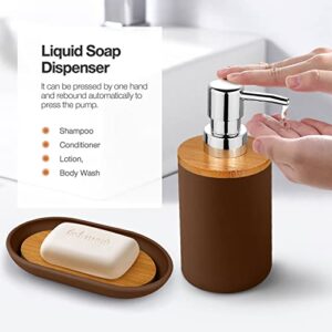 7 Pcs Bamboo and Plastic Bathroom Accessories Sets, Includes Toothbrush Cup, Toothbrush Holder, Soap Dispenser, Soap Dish, Toilet Brush with Holder, Trash Can, with 3 Pcs Toothbrushes (Brown)