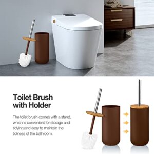 7 Pcs Bamboo and Plastic Bathroom Accessories Sets, Includes Toothbrush Cup, Toothbrush Holder, Soap Dispenser, Soap Dish, Toilet Brush with Holder, Trash Can, with 3 Pcs Toothbrushes (Brown)