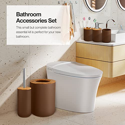 7 Pcs Bamboo and Plastic Bathroom Accessories Sets, Includes Toothbrush Cup, Toothbrush Holder, Soap Dispenser, Soap Dish, Toilet Brush with Holder, Trash Can, with 3 Pcs Toothbrushes (Brown)