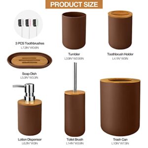 7 Pcs Bamboo and Plastic Bathroom Accessories Sets, Includes Toothbrush Cup, Toothbrush Holder, Soap Dispenser, Soap Dish, Toilet Brush with Holder, Trash Can, with 3 Pcs Toothbrushes (Brown)