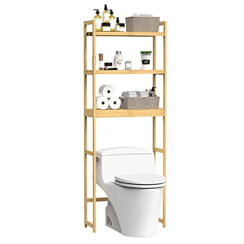 PINPON Bamboo Over The Toilet Storage Shelf, 3-Tier Bamboo Bathroom Shelf Organizer, Multifunctional Over Toilet Shelf Stand Rack Space Saver for Laundry Room, Restroom, Balcony, Bamboo