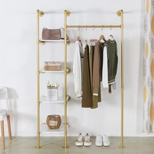 edcb garment rack heavy duty clothes rack for hanging clothes, metal freestanding closet wardrobe rack, gold industrial pipe clothing rack with shelves closet rods system