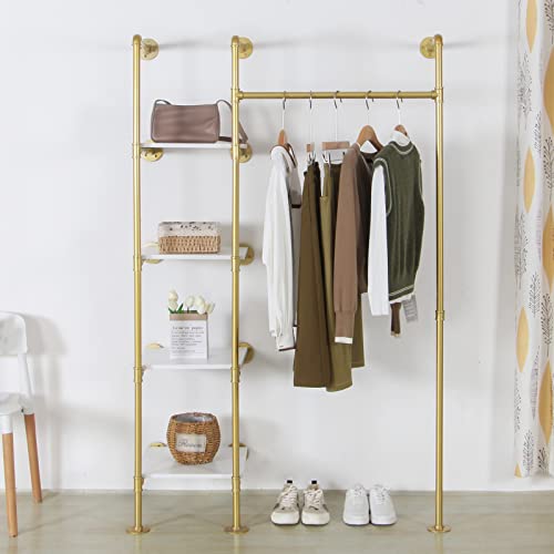 EDCB Garment Rack Heavy Duty Clothes Rack for Hanging Clothes, Metal Freestanding Closet Wardrobe Rack, Gold Industrial Pipe Clothing Rack with Shelves Closet Rods System