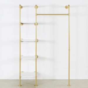 EDCB Garment Rack Heavy Duty Clothes Rack for Hanging Clothes, Metal Freestanding Closet Wardrobe Rack, Gold Industrial Pipe Clothing Rack with Shelves Closet Rods System