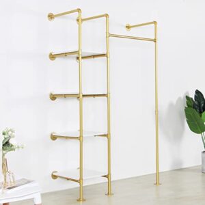 EDCB Garment Rack Heavy Duty Clothes Rack for Hanging Clothes, Metal Freestanding Closet Wardrobe Rack, Gold Industrial Pipe Clothing Rack with Shelves Closet Rods System