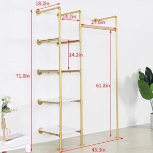 EDCB Garment Rack Heavy Duty Clothes Rack for Hanging Clothes, Metal Freestanding Closet Wardrobe Rack, Gold Industrial Pipe Clothing Rack with Shelves Closet Rods System