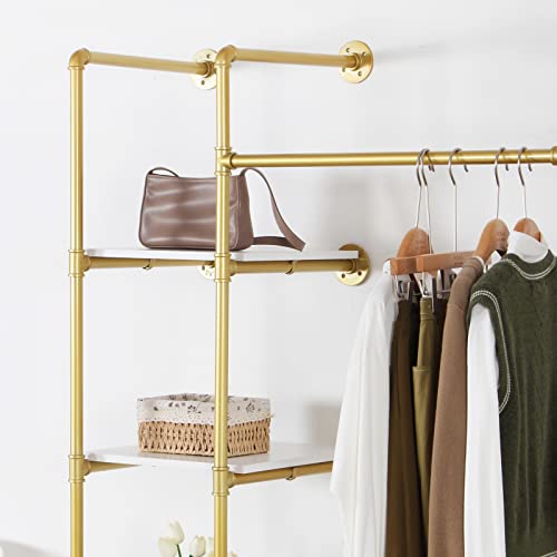 EDCB Garment Rack Heavy Duty Clothes Rack for Hanging Clothes, Metal Freestanding Closet Wardrobe Rack, Gold Industrial Pipe Clothing Rack with Shelves Closet Rods System