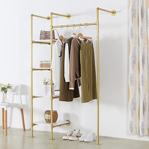 EDCB Garment Rack Heavy Duty Clothes Rack for Hanging Clothes, Metal Freestanding Closet Wardrobe Rack, Gold Industrial Pipe Clothing Rack with Shelves Closet Rods System