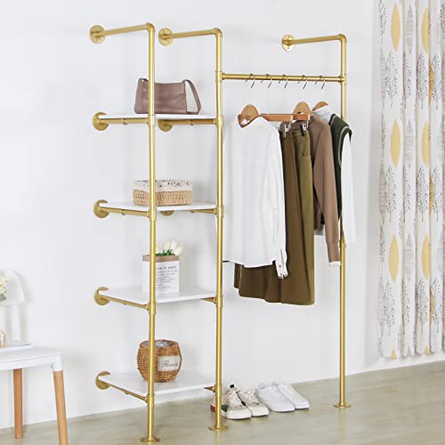 EDCB Garment Rack Heavy Duty Clothes Rack for Hanging Clothes, Metal Freestanding Closet Wardrobe Rack, Gold Industrial Pipe Clothing Rack with Shelves Closet Rods System