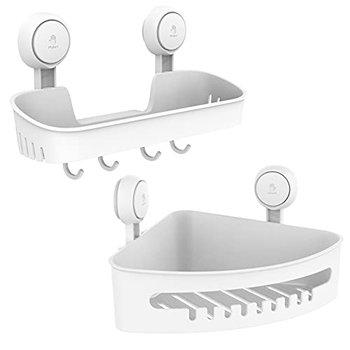 TAILI Bathroom & Kitchen Suction Cup Storage Basket Set Pack of 2 Wall Mounted Organizer for Shampoo, Spice Jar, Kitchenware, Shower Caddy Drill-Free with Vacuum Suction Cup for Kitchen & Bathroom