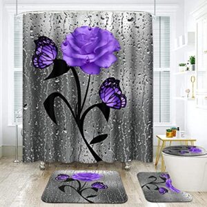 artsocket 4 pcs shower curtain set purple rose floral flowers abstract colorful with non-slip rugs toilet lid cover and bath mat bathroom decor set 72" x 72"