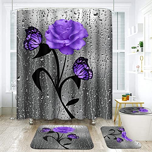 ArtSocket 4 Pcs Shower Curtain Set Purple Rose Floral Flowers Abstract Colorful with Non-Slip Rugs Toilet Lid Cover and Bath Mat Bathroom Decor Set 72" x 72"