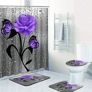 ArtSocket 4 Pcs Shower Curtain Set Purple Rose Floral Flowers Abstract Colorful with Non-Slip Rugs Toilet Lid Cover and Bath Mat Bathroom Decor Set 72" x 72"