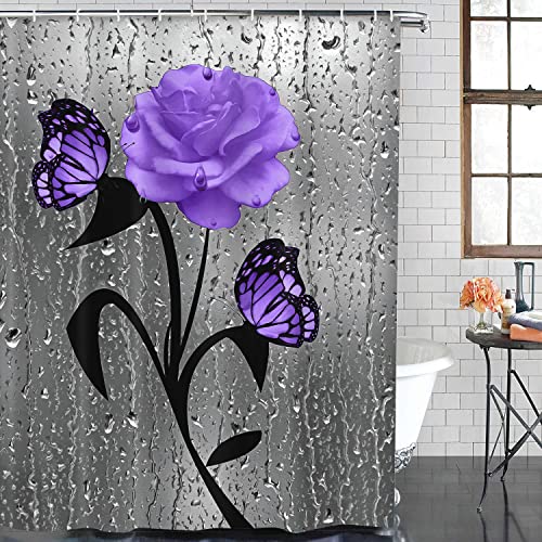 ArtSocket 4 Pcs Shower Curtain Set Purple Rose Floral Flowers Abstract Colorful with Non-Slip Rugs Toilet Lid Cover and Bath Mat Bathroom Decor Set 72" x 72"