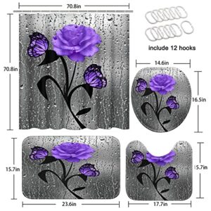 ArtSocket 4 Pcs Shower Curtain Set Purple Rose Floral Flowers Abstract Colorful with Non-Slip Rugs Toilet Lid Cover and Bath Mat Bathroom Decor Set 72" x 72"