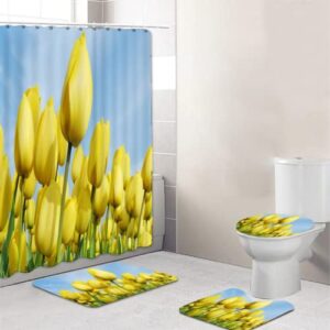 tulip shower curtain sets, many yellow flowers bath curtains polyester fabric with non-slip rugs, toilet lid cover and u-shape mat for bathroom set 4 pcs w/12 hooks, 65"x72"