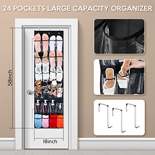 4 Pieces Over The Door Shoe Organizers 24 Clear Pockets Hanging Shoe Organizer Shoe Rack Black Shoe Hanger Organizer with Hooks Shoe Holder for Closet Bedroom Shoe Holder for Shoes Socks Storage