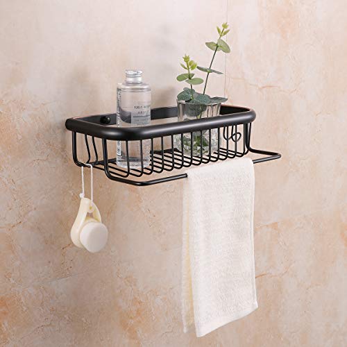 VINSNI Wall Mounted Shower Caddy Bathroom Shelf Solid Brass Shower Shampoo Holder Storage Basket with Towel Bar Oil Rubbed Bronze