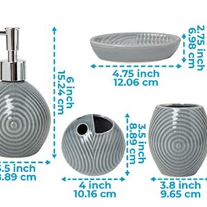 Designer 4-Piece Bathroom Accessory Set – Ceramic Bath Set w/Liquid Soap or Lotion Dispenser, Toothbrush Holder, Tumbler and Soap Dish – Decorative Set w/Embossed Details – Modern Vanity Accessories