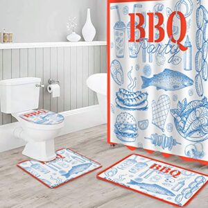bbq party 4 pcs shower curtain set, 66" x 72" waterproof shower curtains with 12 hooks, blue lines bbq fish hamburger orange lace bathroom sets with shower curtain and rugs