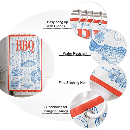 BBQ Party 4 Pcs Shower Curtain Set, 66" x 72" Waterproof Shower Curtains with 12 Hooks, Blue Lines BBQ Fish Hamburger Orange Lace Bathroom Sets with Shower Curtain and Rugs