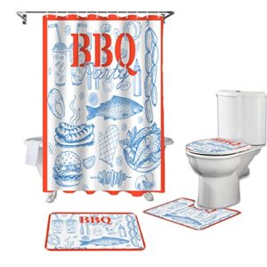 BBQ Party 4 Pcs Shower Curtain Set, 66" x 72" Waterproof Shower Curtains with 12 Hooks, Blue Lines BBQ Fish Hamburger Orange Lace Bathroom Sets with Shower Curtain and Rugs