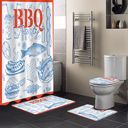 BBQ Party 4 Pcs Shower Curtain Set, 66" x 72" Waterproof Shower Curtains with 12 Hooks, Blue Lines BBQ Fish Hamburger Orange Lace Bathroom Sets with Shower Curtain and Rugs