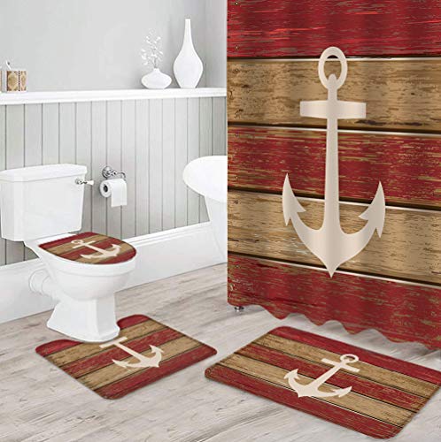 WARM TOUR 4 Piece Shower Curtain Sets with Bath Rugs Nautical Anchor Rustic Wood Board,Non-Slip Floor Mat,Toilet Lid Covers,U-Shape Contoured Pad Marine Red Wood Grain Bathroom Set for Home Decor