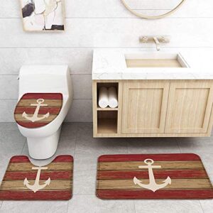 WARM TOUR 4 Piece Shower Curtain Sets with Bath Rugs Nautical Anchor Rustic Wood Board,Non-Slip Floor Mat,Toilet Lid Covers,U-Shape Contoured Pad Marine Red Wood Grain Bathroom Set for Home Decor