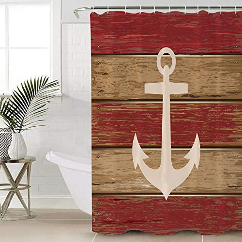 WARM TOUR 4 Piece Shower Curtain Sets with Bath Rugs Nautical Anchor Rustic Wood Board,Non-Slip Floor Mat,Toilet Lid Covers,U-Shape Contoured Pad Marine Red Wood Grain Bathroom Set for Home Decor