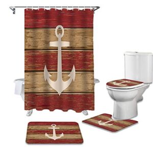 WARM TOUR 4 Piece Shower Curtain Sets with Bath Rugs Nautical Anchor Rustic Wood Board,Non-Slip Floor Mat,Toilet Lid Covers,U-Shape Contoured Pad Marine Red Wood Grain Bathroom Set for Home Decor