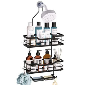 consumest shower caddy, shower caddy over shower head with soap holder, no drilling hanging shower organizer with 4 movable hooks, rustproof & waterproof shower storage rack