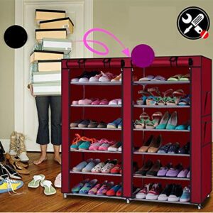 9 Tier Shoe Rack, Space Saving Portable Shoe Rack Storage Organizer, 10 Tiers 9 Lattices Non-Woven Waterproof Fabric Cover Shoe Rack (Wine Red, 6-Row 2-Line 12 Lattices)